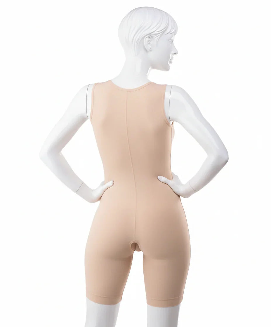 BB09NS beige compression garment shorts bodysuit back view on mannequin