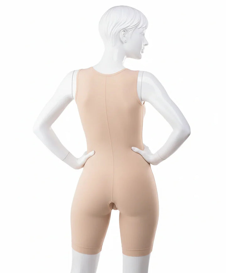 BB09NS beige compression garment shorts bodysuit back view on mannequin