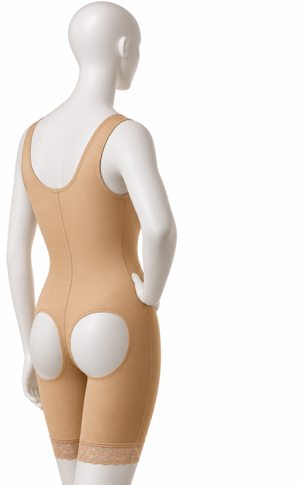 A mannequin shown from the back wearing a nude-beige compression bodysuit with large circular cutouts at the buttocks and lace trim at the lower legs, on a plain white background.