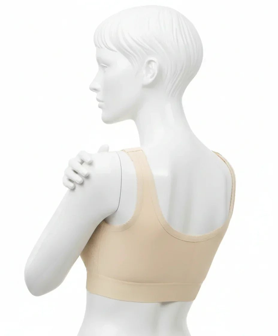 Beige compression bra on mannequin, back view, medical recovery support garment