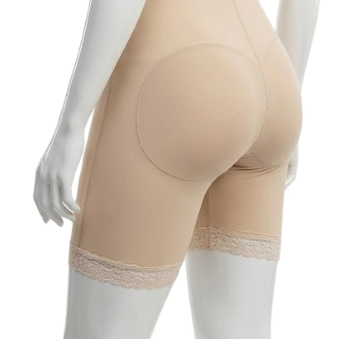 Beige high-waist compression shorts with lace trim, shown on a mannequin back view.
