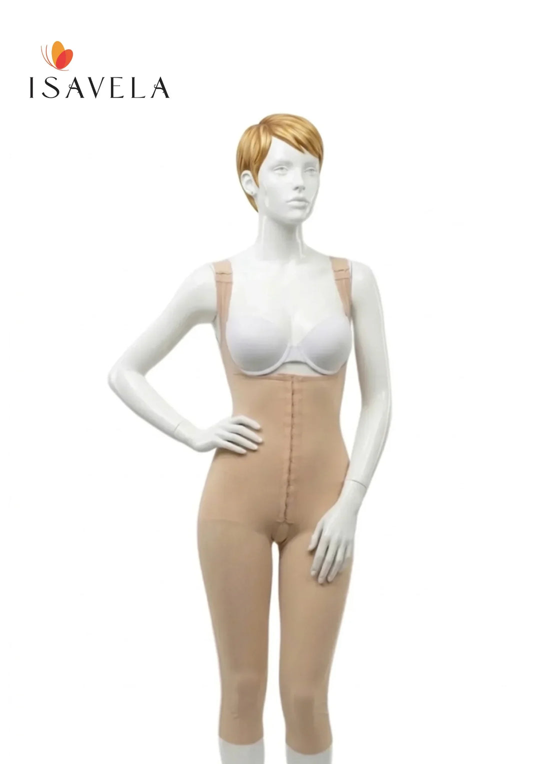 Mannequin wearing a beige shapewear garment with &