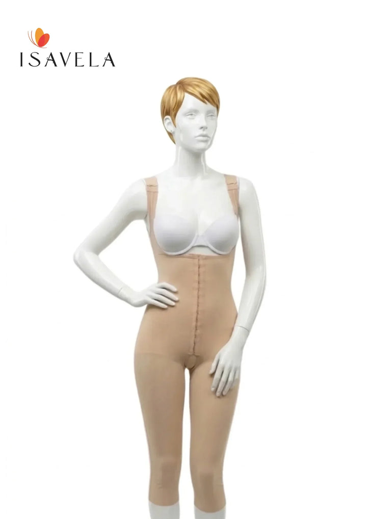Mannequin wearing a beige shapewear garment with &