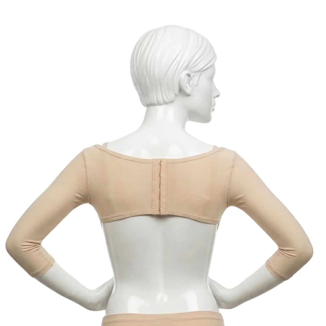 Beige compression arm sleeve garment on mannequin, three-quarter length sleeves, back view