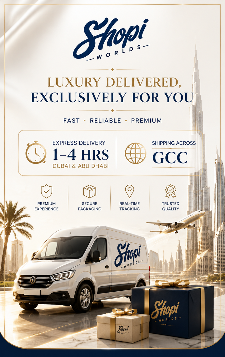 Promotional graphic for Shopi Worldz luxury express delivery service, featuring a white delivery van, a dark blue branded gift box, and gold packages in front of a Dubai skyline. Text highlights &