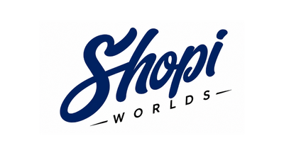 A logo-style graphic reading 'Shopi WORLDS' in dark blue script and block text on a plain white background.