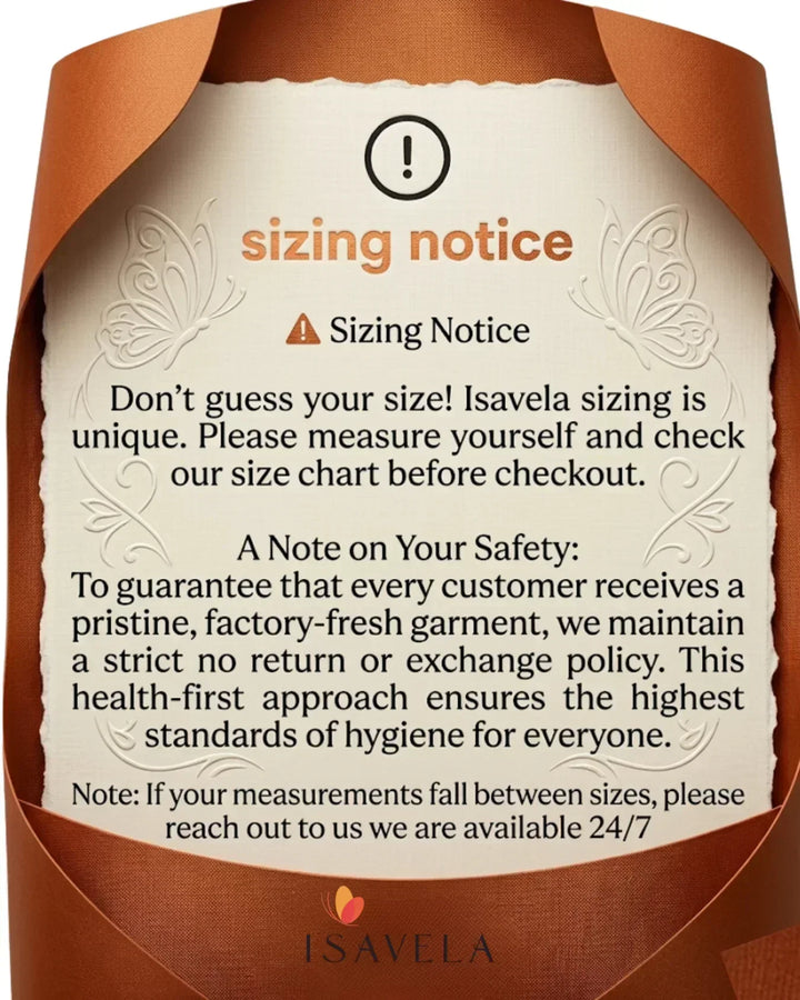 Sizing notice for compression garments, check size chart, no returns for hygiene reasons.