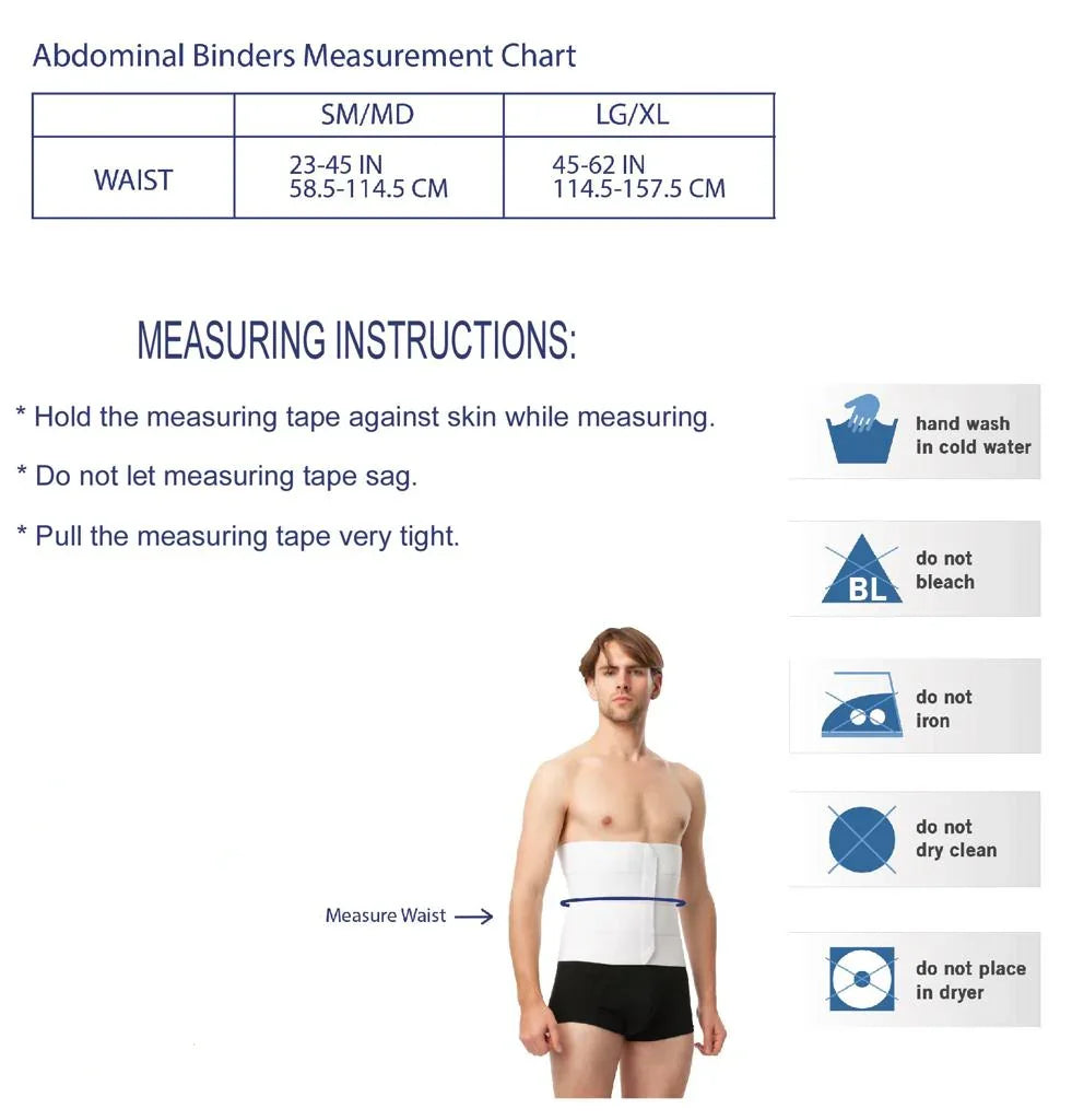 Measurement chart for abdominal binders with waist measurement guide and usage instructions.