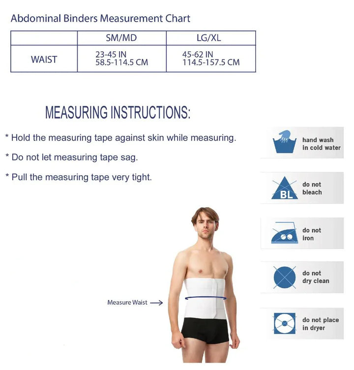 Measurement chart for abdominal binders with waist measurement guide and usage instructions.