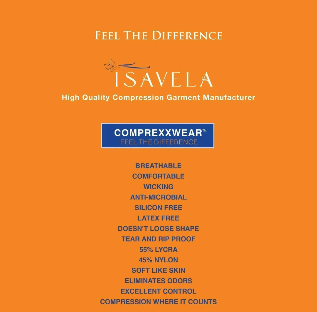 Isavela comfortable compression vest features and material details on orange background