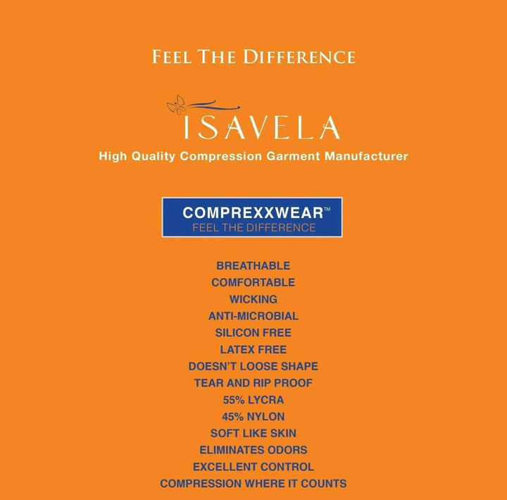 Isavela comfortable compression vest features and material details on orange background