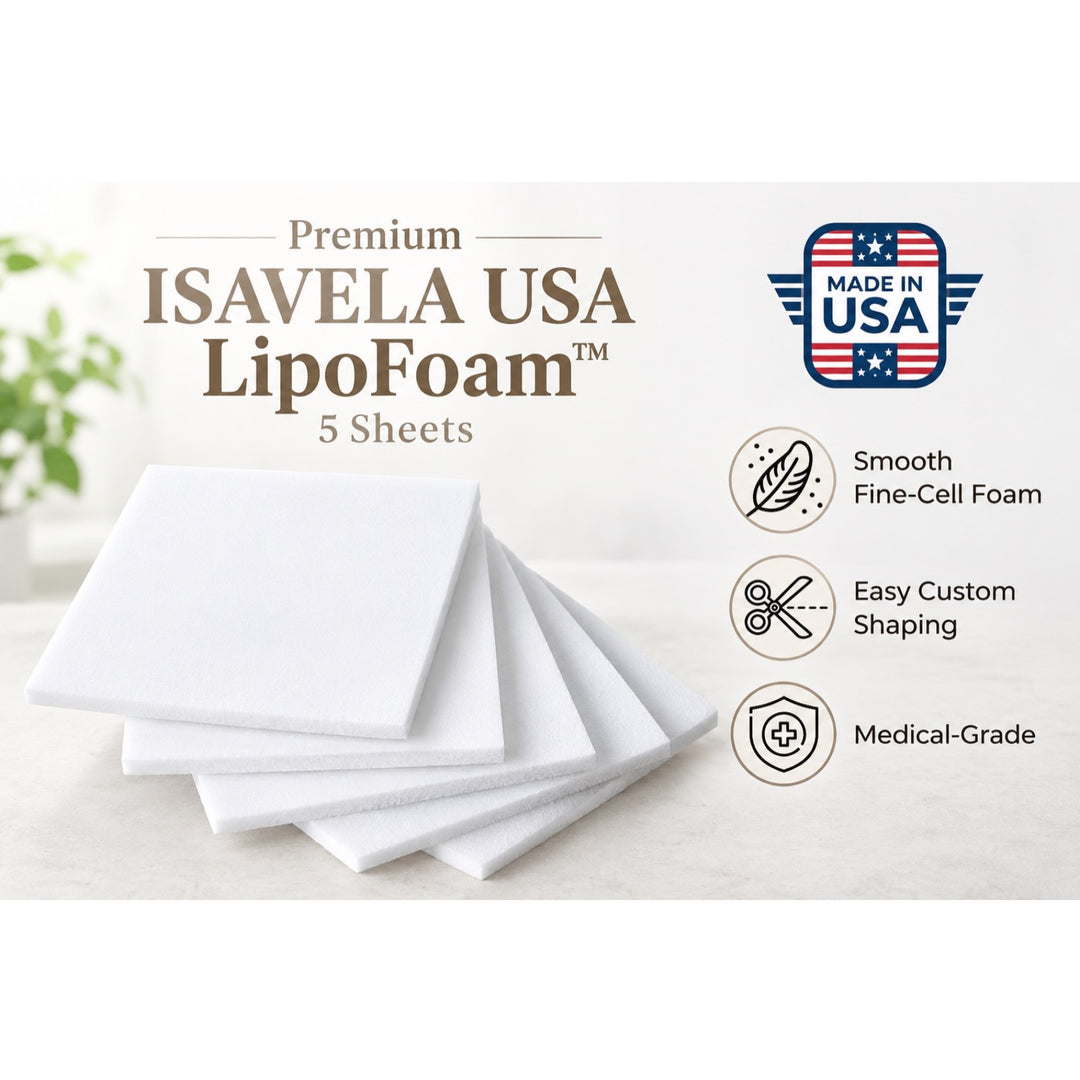 Five white Isavela USA LipoFoam™ custom-cut foam sheets fanned out on a light surface, with text and icons highlighting premium quality, fine-cell foam, custom shaping, and medical-grade use.